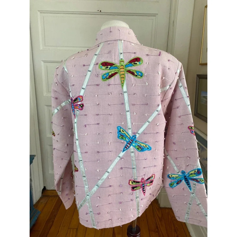 Vtg Daniel K Pink Embroidered Dragonfly Jacket Glitter Buttons Sz‎ L y2k